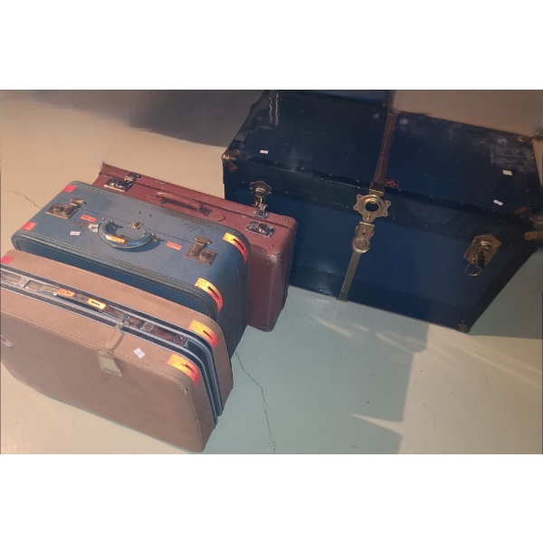 Vintage Blue Steamer Trunk 34 W, 18 D, 19 T and Vintage Suitcases- Blue: 20.5 W, 9 D, 14 T 