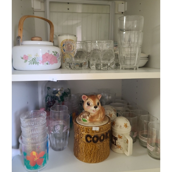 Contents of Cupboards: Squirrel Jar 5.5" Top, 8.5 h, Punch Cups (No Bowl), Glasses and More!