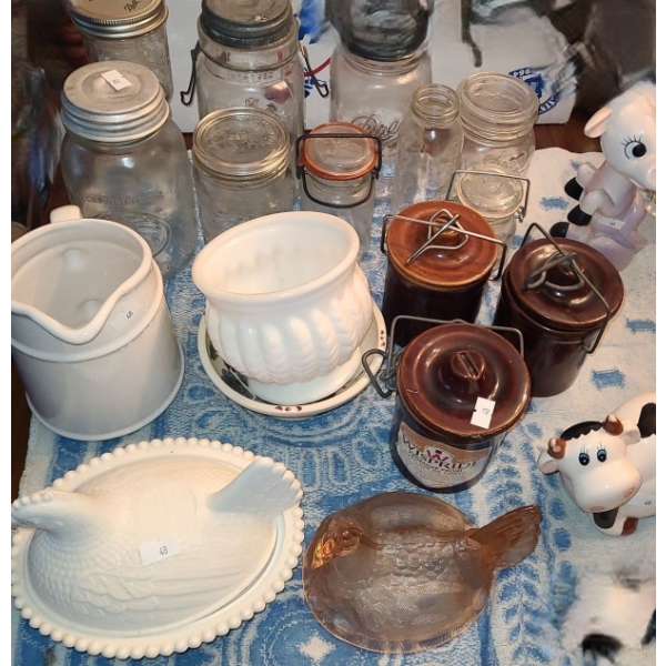 Collection of Canning Jars Including Jewel and Drey and Other Kitchen Decor