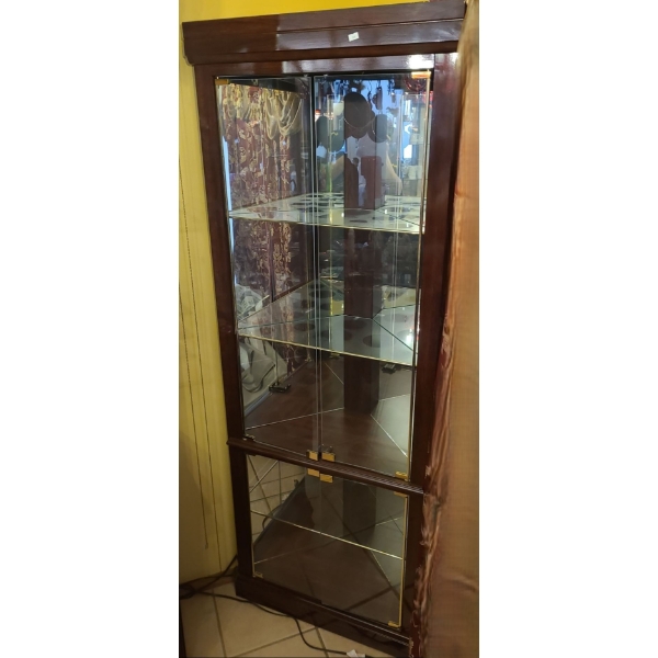 Corner Display Cabinet with Mirrored Back, Glass Shelves, and Light 72 T, 26 L, 11 W