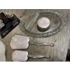 Image 3 : Vintage beauty set mirror brush comb with glass plate, glass jar for cosmetic powder, hanging lamp w
