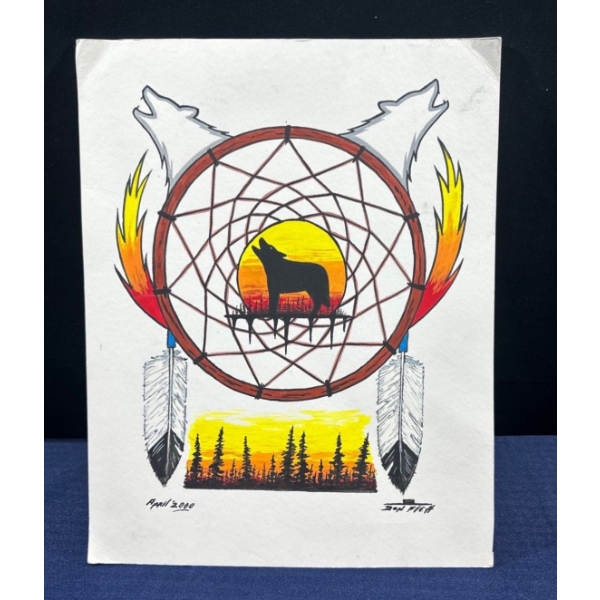 Don Flett Dreamcatcher & Wolf Drawing Original 11Wx14H