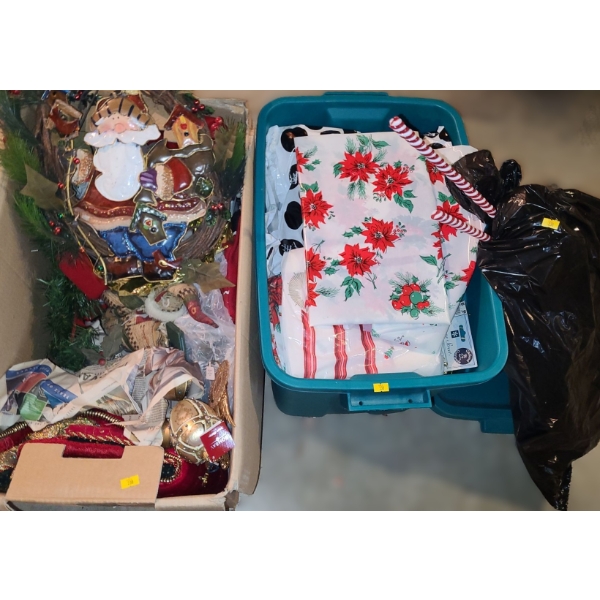 Box and Bin of Assorted Holiday Home Decor