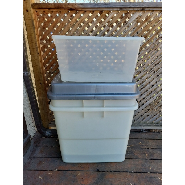 Clear Plastic Storage Totes on Wheels, (2) 27" x 26", Small Tote, Missing Grey Lid on One of them, 