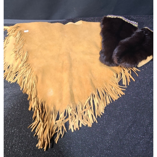 Buckskin Child's Poncho 11" Opening Top, 22 Length From Top to Frings Edge, Adult Mittens w/ Fur 