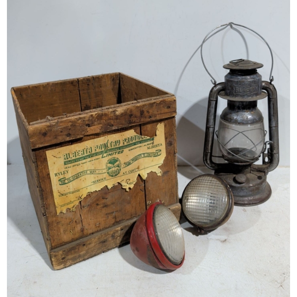 Antique Camp Lantern Alberta Poultry Crate & Motorcycle Headlights 