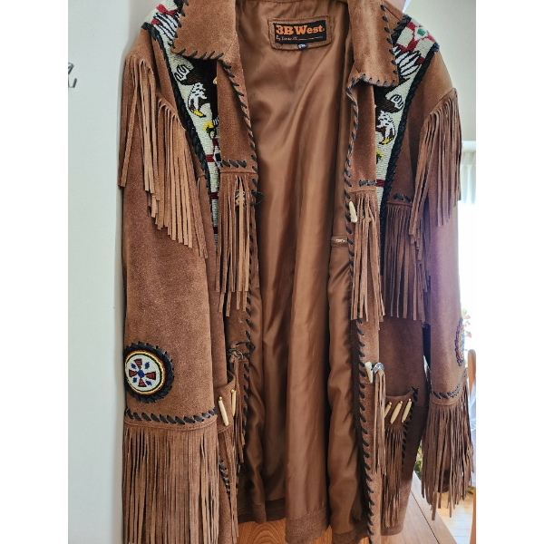 Mens 3B West Suede Jacket with Beaded Detail and Fringes, Size 5XL