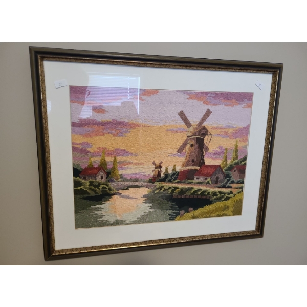 Needlecraft Windmill, 21 X 17 Framed Under Glass 