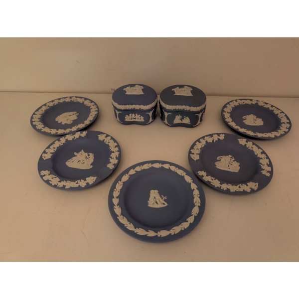 Wedgwood Blue Jasperware Plates and Lidded Boxes