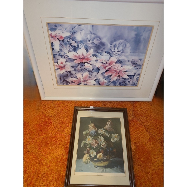 Print of Cats 30 X 24, Framed Under Glass and "August Bouquet" Print 13.5 X 17.5, Framed Under Glass