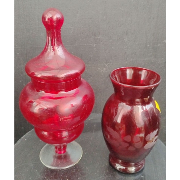 Red Italian Empoli Ruby Red Glass Pitcher & Anchor Hocking Royal Ruby Red Etched Floral Vase 