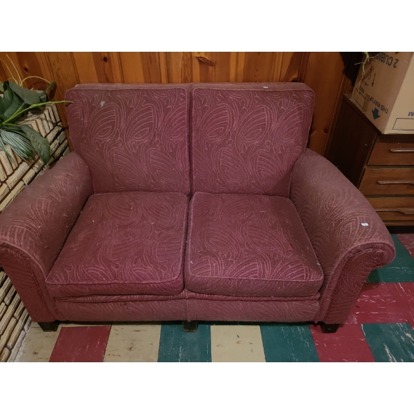 Vintage Maroon 2 Seater Upholstered Sofa with Wooden Legs 58 L, 33 T, 38 W