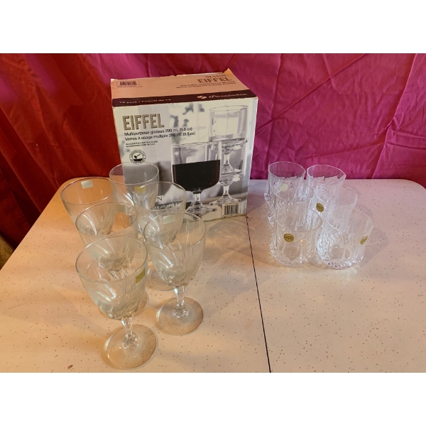Drink Wear Lot, New in Box Drinking Glasses with Crystal Wine Glasses and Whiskey Glasses