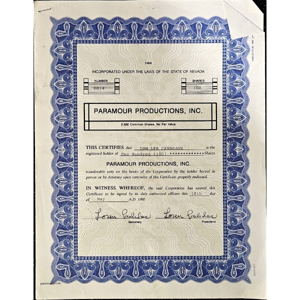 Vintage Stock Certificate (1990, Paramour Productions, Inc.) #2