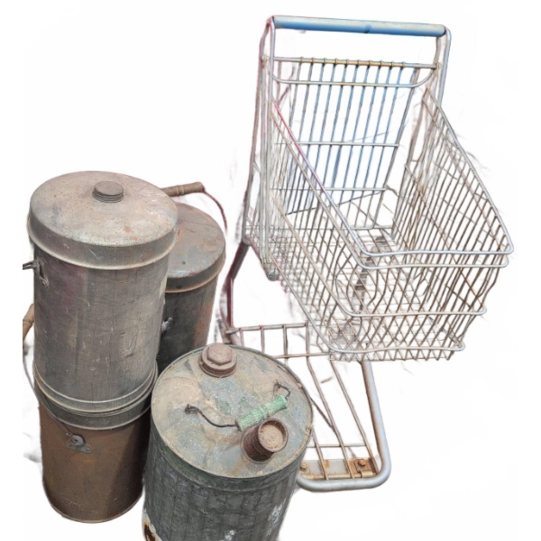 Four Metal Cans and One Metal Shopping Cart