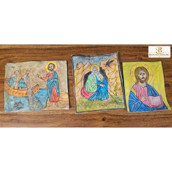  Jesus Christ With Apostles In A Boat, Prophet Elijah, Christ Pantocrator Icons On Leather