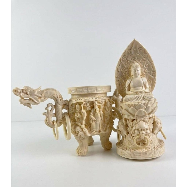 Chinese Carved Resin Temple and Buddha Figure