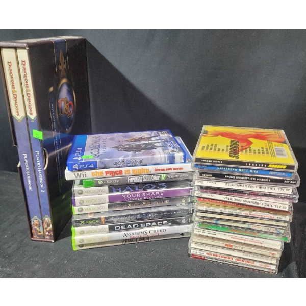 Media Lot with Video Games, CDs, and Dungeons & Dragons Collector's Set