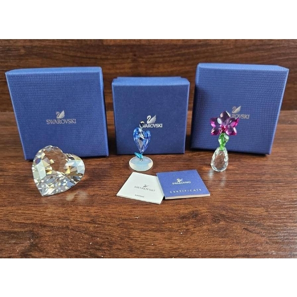 Swarovski Crystal Lot: Heart, Blue Flower with Stand, and Pink Flower Figurines in Original Boxes