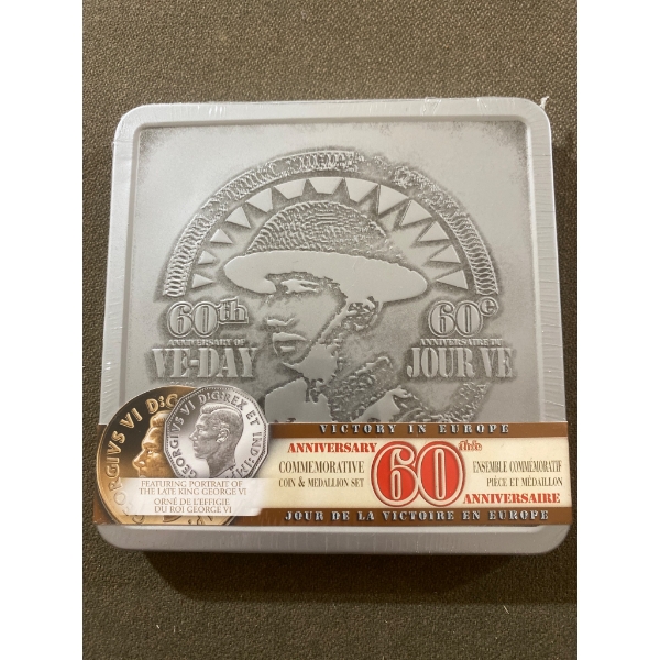 Royal Canadian Mint 60th Anniversary VE-Day Commemorative Coin and Medallion Set in Tin Box