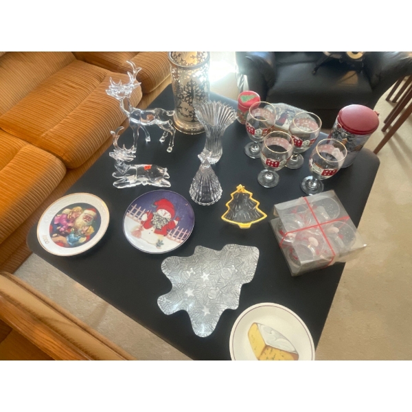 Collection of Christmas Glassware, and Decor. Chalices, Candle Holder, Resin Reindeer, Vase, Serving
