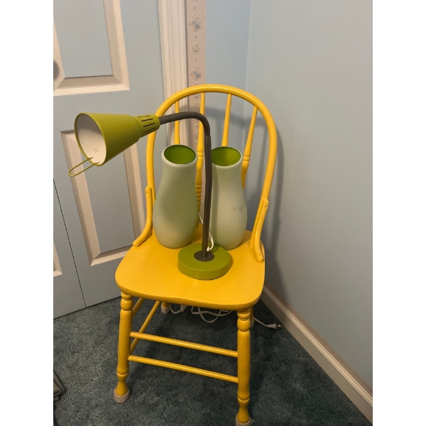 Vintage Yellow Chair with one pedestal light and 2 matching green side table lamps