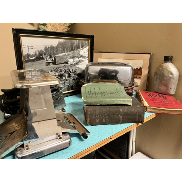 Two toasters and iron and an old tin canteen, Red Cross storybook Canadian electrical cord part one 
