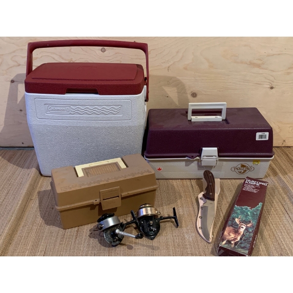 Summer Set, Cooler, Two Tackle Boxes, Vintage Fishing Reels, New in Box Vintage Hunting Knife