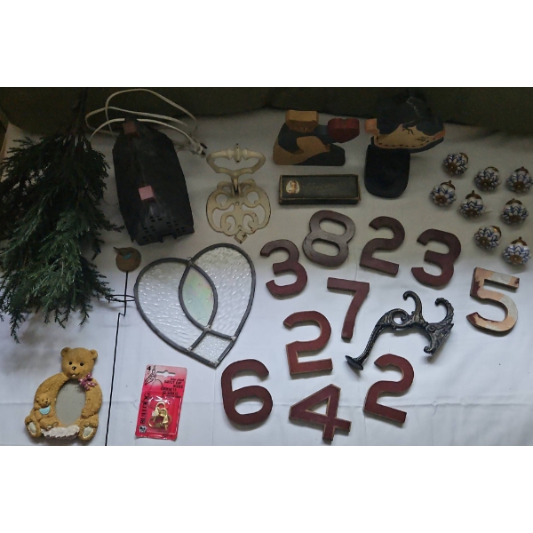 Decor Lot: Porcelain Knobs, Metal House, Harmonica Box, House Numbers