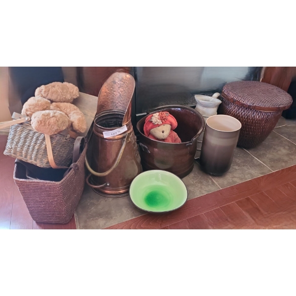 Selection of Baskets, Tallest 14 dia 13 h, Vases, Copperware Tallest 20 h, Teddy Bears & more
