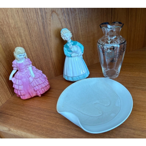 Royal Doulton 'Rose' Figurine & 'Stayed at Home' Figurine (5.5T), Small Decorative Vase, Aniv Plate 