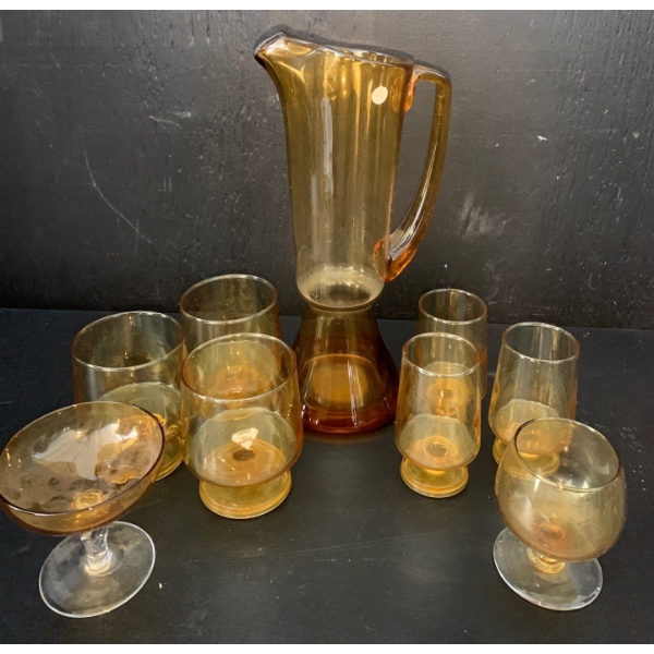 Mid Century Handblown Amber Glassware - Stemware & Jug 