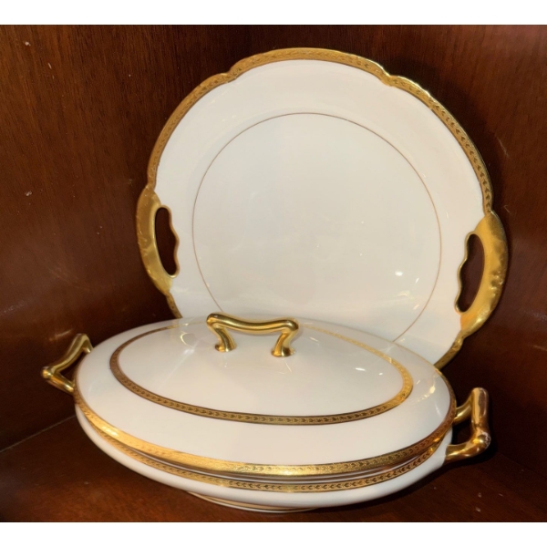 Limoges France Porcelain Covered Tureen & Platter Set w/Gold Trim "Haviland Oval Bowl"