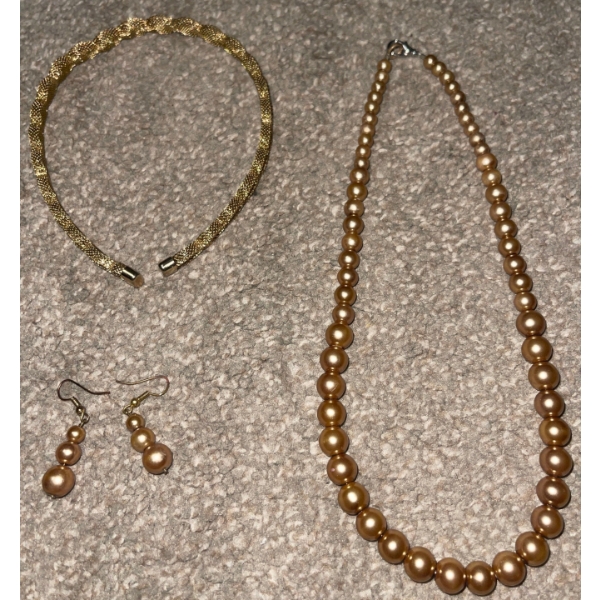 Vintage Brown Faux Pearls W/Matching Earrings & Pretty Headband