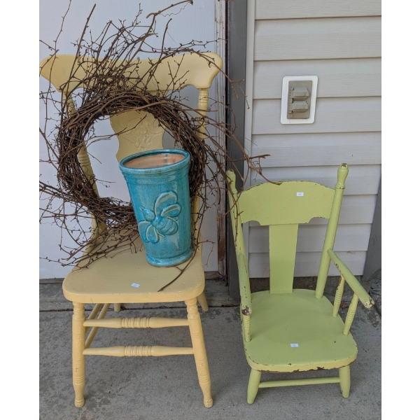 Yellow Wooden Chair, Green Wooden Child's Chair, Grapevine Wreath, Blue Ceramic Vase