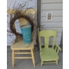 Image 1 : Yellow Wooden Chair, Green Wooden Child's Chair, Grapevine Wreath, Blue Ceramic Vase