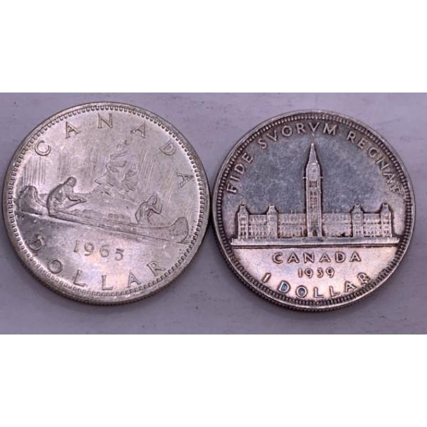 Canadian Silver Dollar 1939 (80% Pure Ag) 23.3 g & Canadian Silver Dollar 1965 23.1 g (80% Pure Ag)