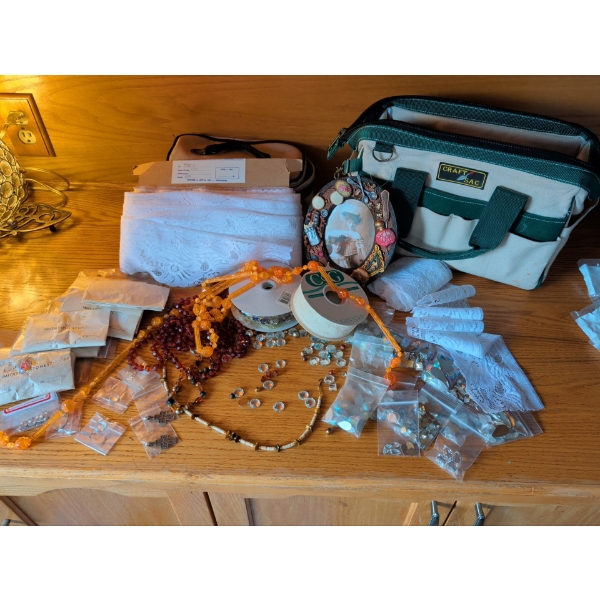 Gem Embelishments & Spools Of Lace w/ Crafter's Organizer Bag & More
