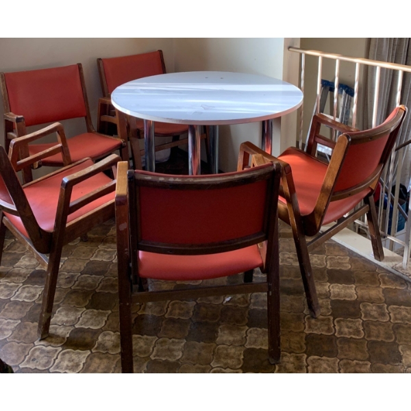 Upholstered Teak Dinner Chairs w/ White Round Table 31x35