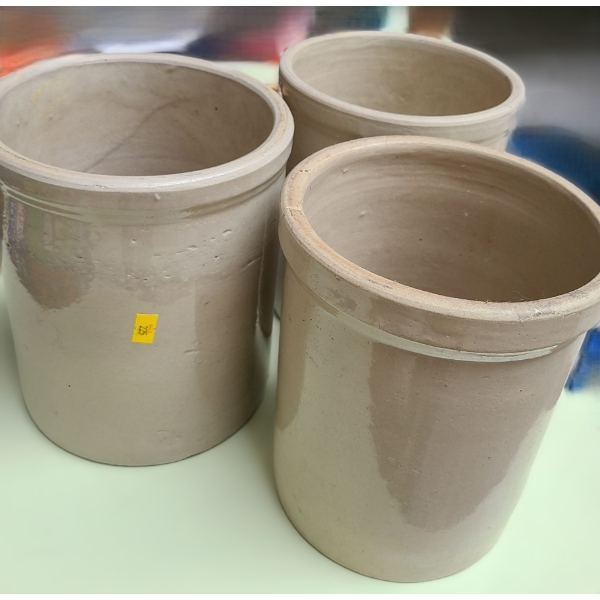 Three Vintage Crocks 7.5" Diameter Top, 9 T 
