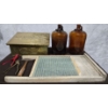 Image 2 : Western Bros Woodenware Co. Wash Board, 2 Brown Glass Jugs, Wooden Slippers Box Brass Top Layer
