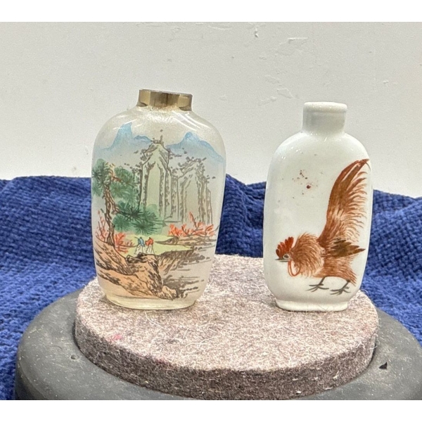 Hand Painted Landscape and Rooster Snuff Bottles  2.5H & 3H (missing lids)