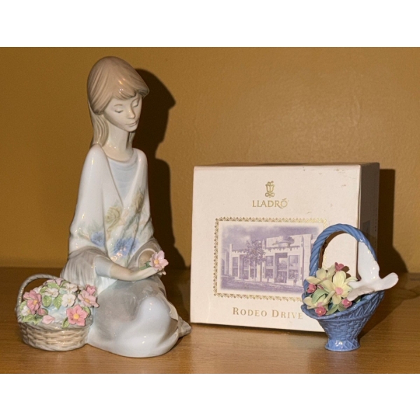 Lladro Figurines: Female w/ Flowers 4 W, 5 D, 7.5 T,  Mini Flower Basket w/ Bird  3 T