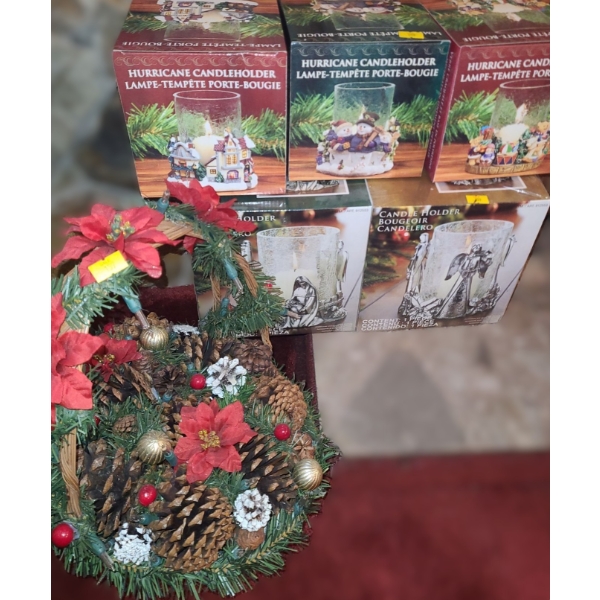 Basket w/ Holiday Arrangement 10 W, 14 D, 14 T and 5 Assorted Candleholders (New in Boxes)