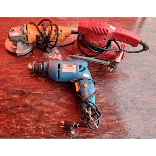 Power Tools: 5" Angle Grinder, Tool Shop Model 241-9806 Sheet Sander, American Tool Exchange Drill 