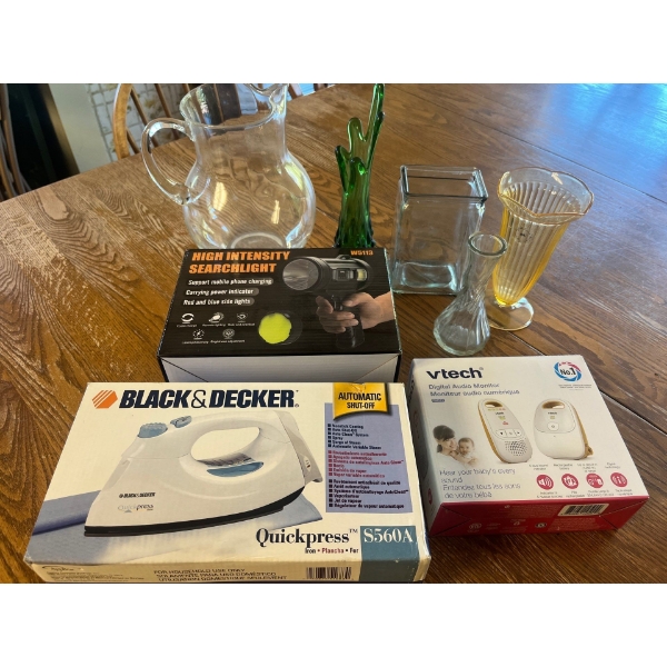 Selection of Items. Included Is A Black & Decker Iron, Searchlight VTek Auto Monitor And Variety Of 