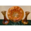 Image 3 : Tree Bark Pair of Marigold Carnival Glass Candlesticks & Prism  Band Jeanette Glass Co.