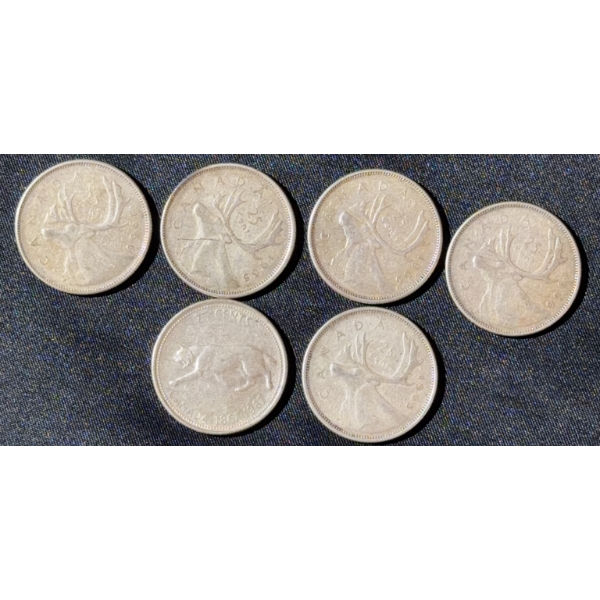 5 Canadian Quarters 1965-1966 and 1967 Non-Magnetic