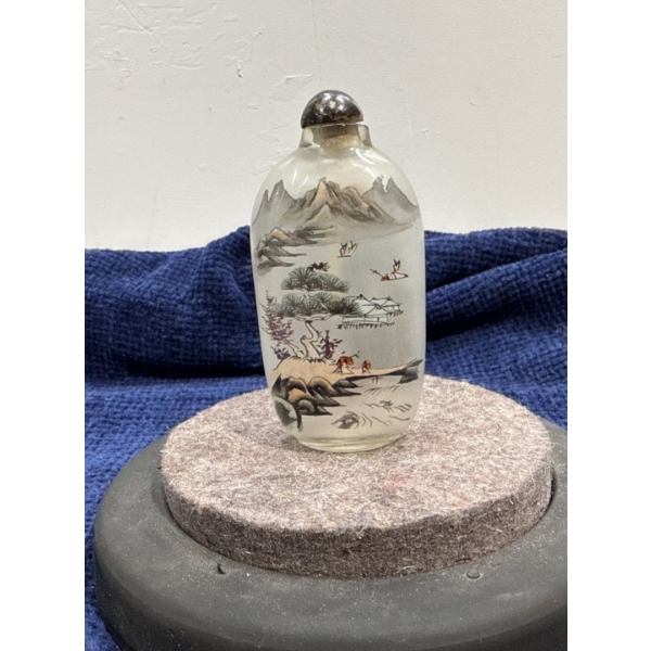 Mountain Landscape Snuff Bottle with Spoon 3.25H