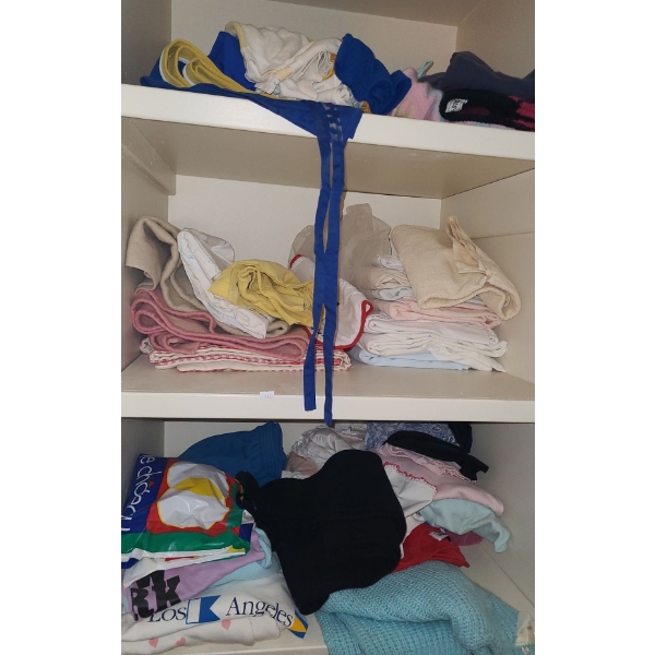 Contents of Linen Closet Including Box of Women's Clothes (Various Sizes)